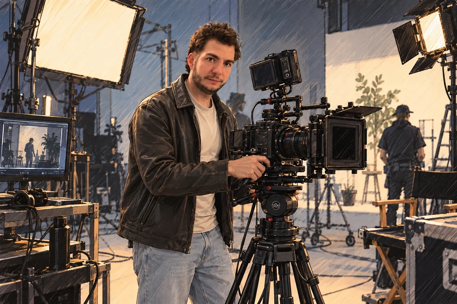 Kameraoperateur blickt am Set in die Kamera, umgeben von Beleuchtung und Filmequipment