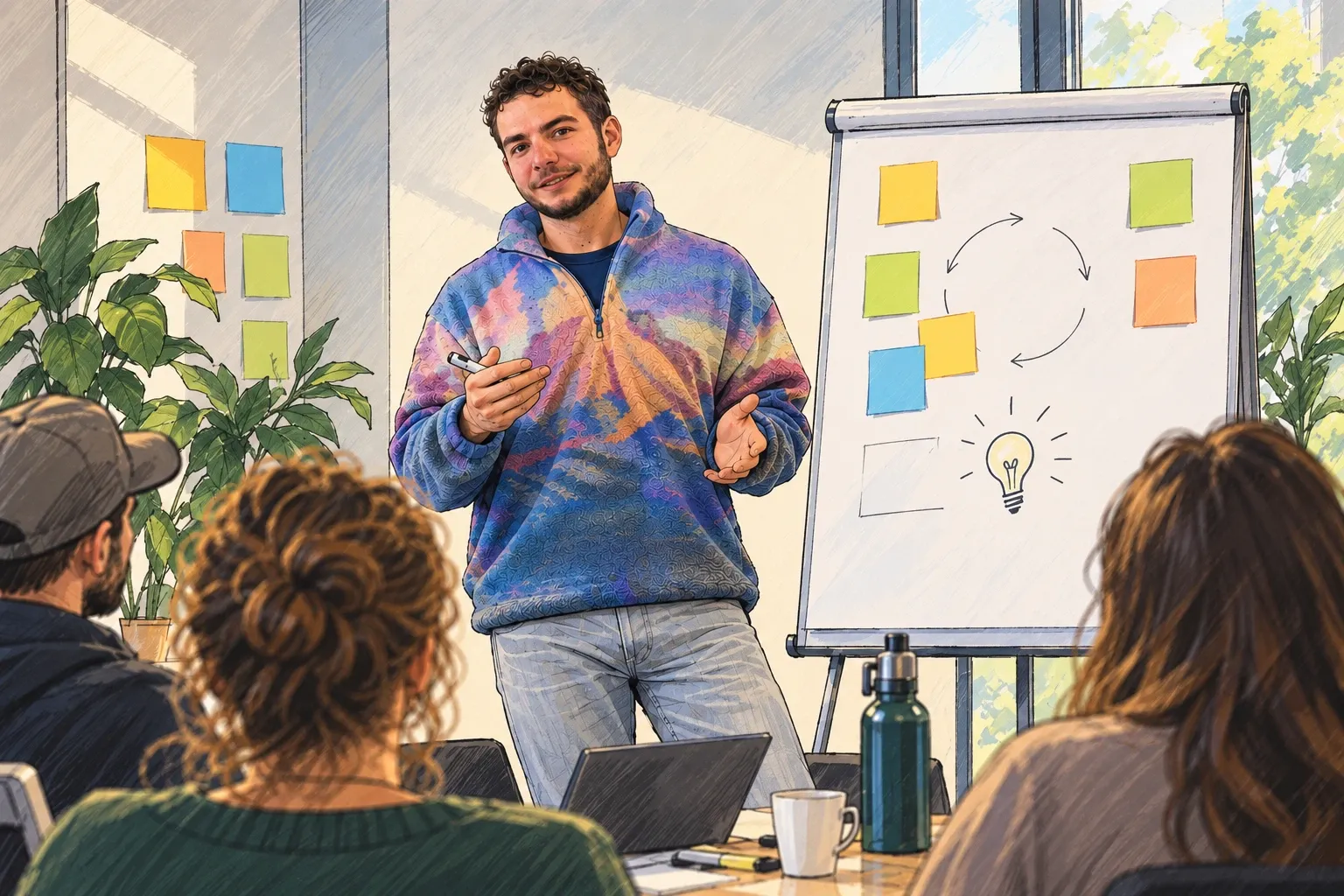 Workshop-Leiter präsentiert einer Gruppe vor einem Flipchart mit Klebezetteln und Ideen-Skizze